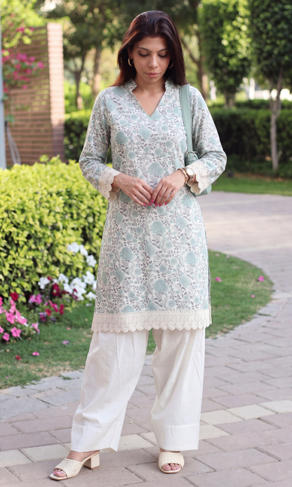 Soft Sage Sukoon Print Kurta with Lace Detailing & Farshi Salwaar