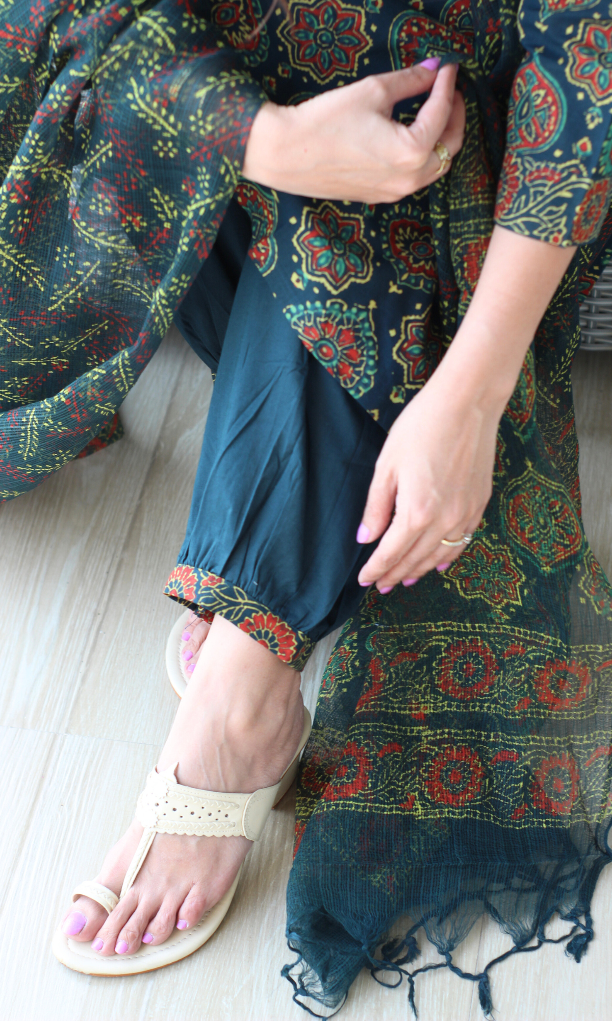 Badmeri Bottle Green Ajrakh Handblock Kurta, Kota Doria Handblock Dupatta & Cotton Afgani Pants