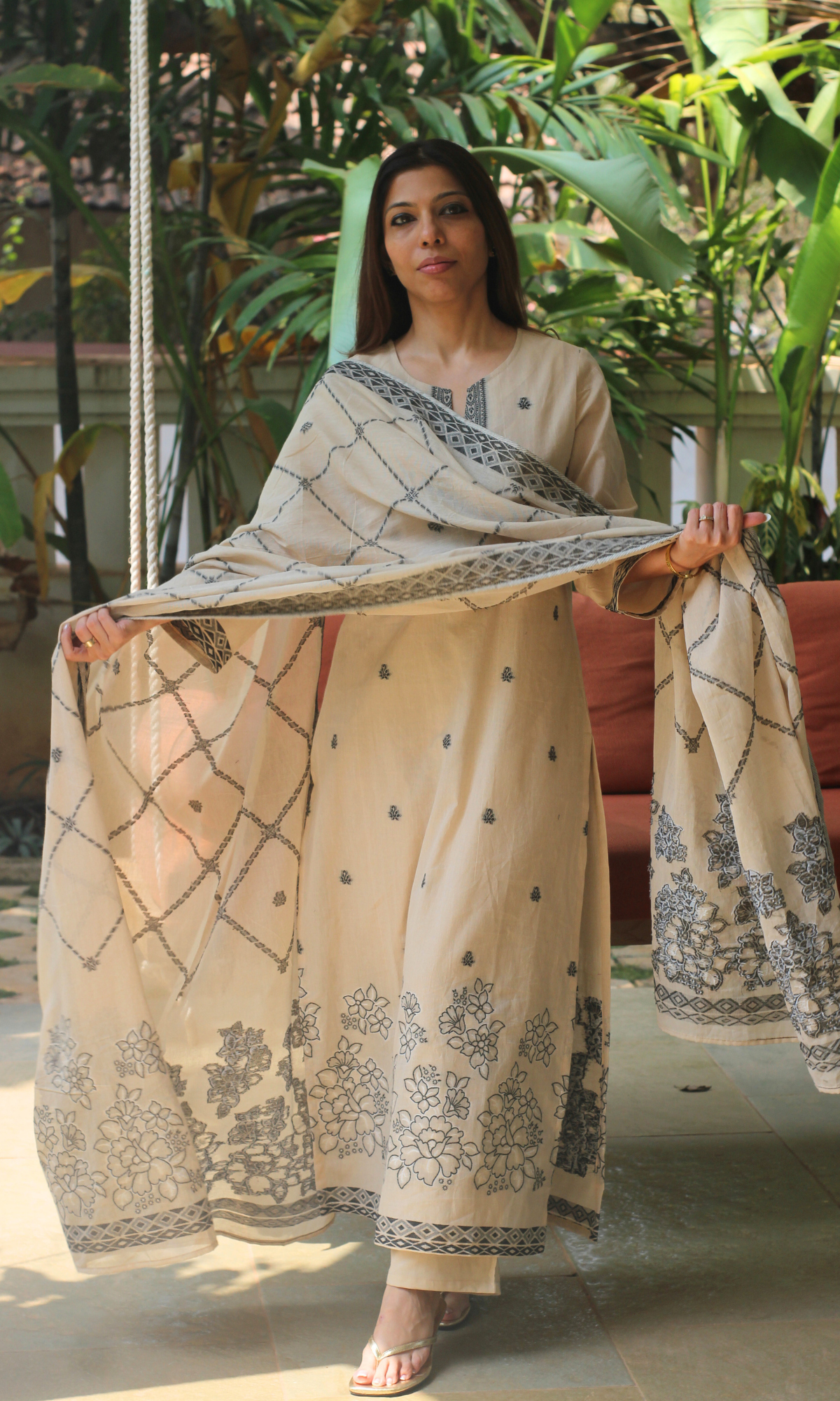 Beige & Black Loom Woven Kurta , Dupatta & Cotton Pants
