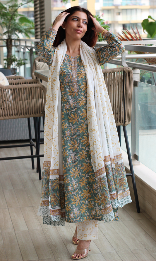 Cotton Bamboo Green Handblock Print Kurta, Pant and Mul Dupatta