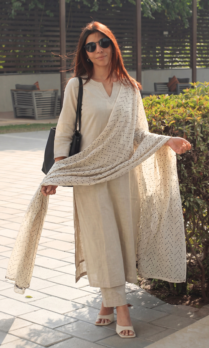 Cotton Slub Beige & Black Suit with Mul Polka Dupatta