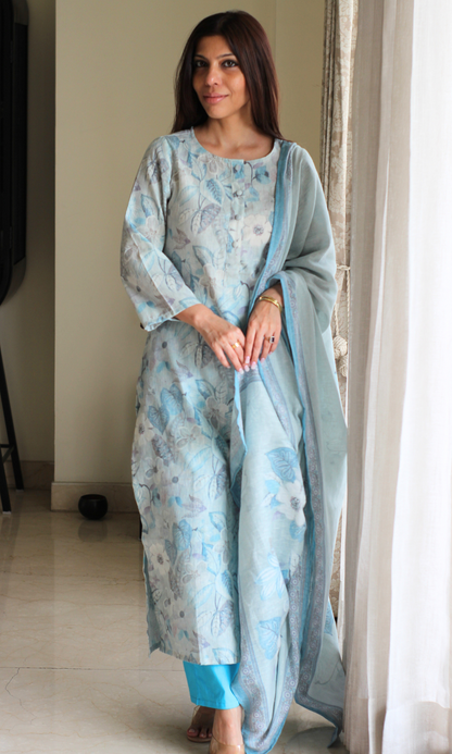 Duchessé Blue Linen Blend Printed Kurta , Dupatta & Cotton Bottoms