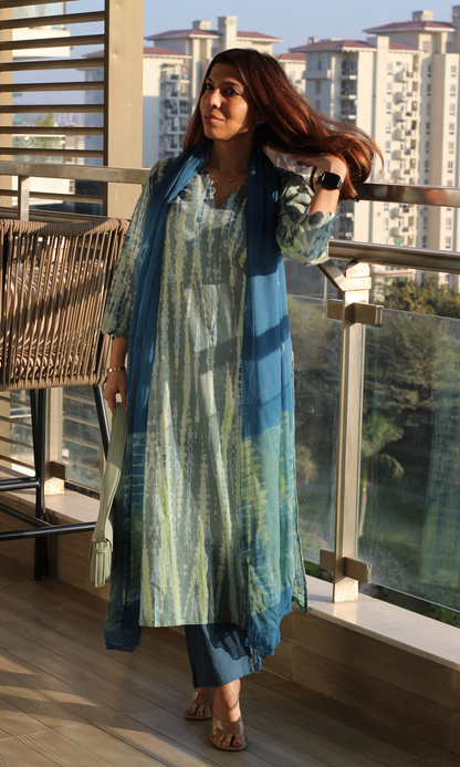 Cotton Sea Blue Green Tie & Dye Kurta, Chiffon Dupatta & Pants