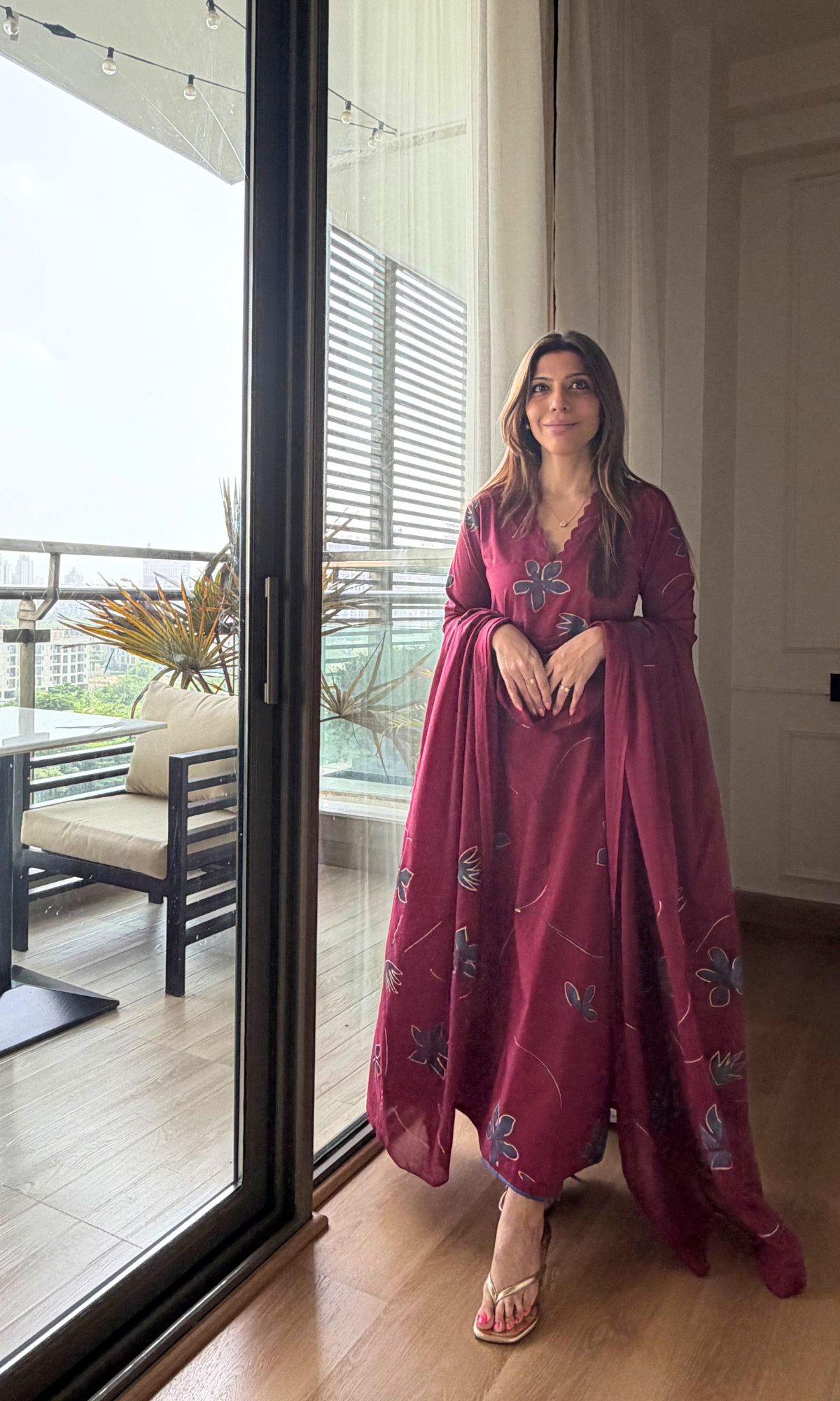 Berry & Blue Cotton Handbrush Painted Kurta, Dupatta & Cotton Pants