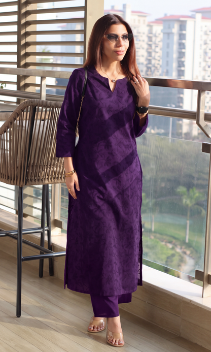 Purple Overall Embroidered Kurta & Cotton Pants