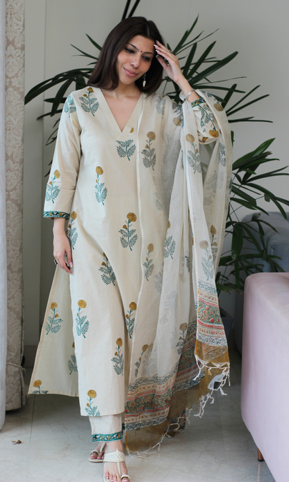 Saira Sunehri Mughal Print Kurta, Kota Dupatta & Cotton Pants