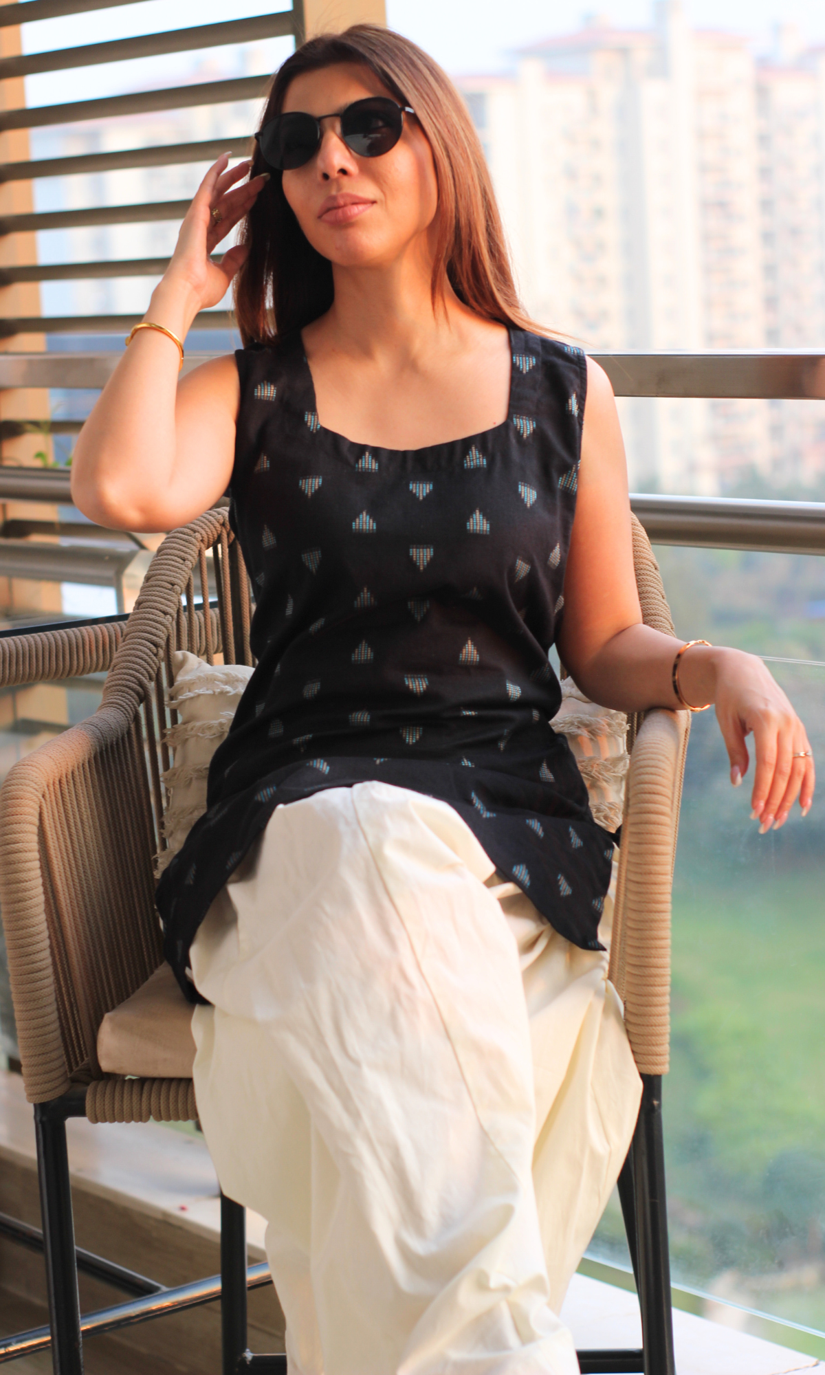 Black Square Neck Ikat Kurta with Cotton Farshi