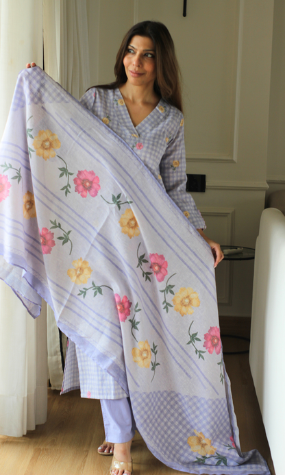 Lavender Checks Linen Blend Printed Kurta, Dupatta & Cotton Pants
