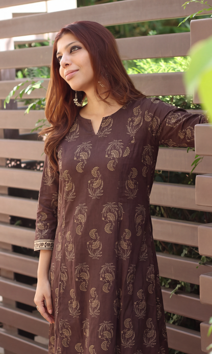 Earthy Brown Mughal Print Kali Kurta