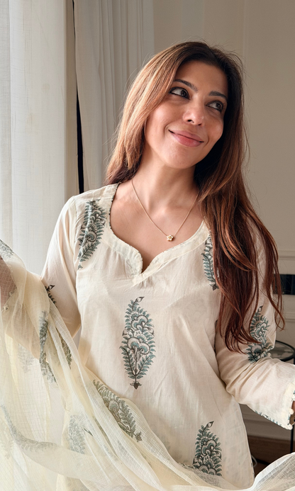 Sage Mughal Leaf Print Kurta, Printed Pants & Kota Doria Handblock Dupatta