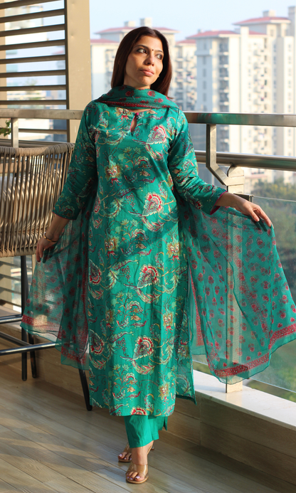 Green & Pink Jaal Print Cotton Kurta , Pant & Kota Doria Booti Dupatta