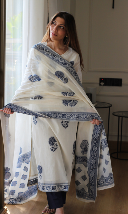 Navy Blue Mughal Loom Woven Kurta , Dupatta & Cotton Pants