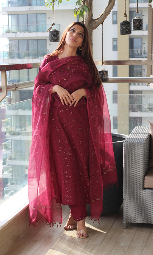 Cotton Mulberry & Gold Handblock Print Kurta , Printed Kota Doria Dupatta