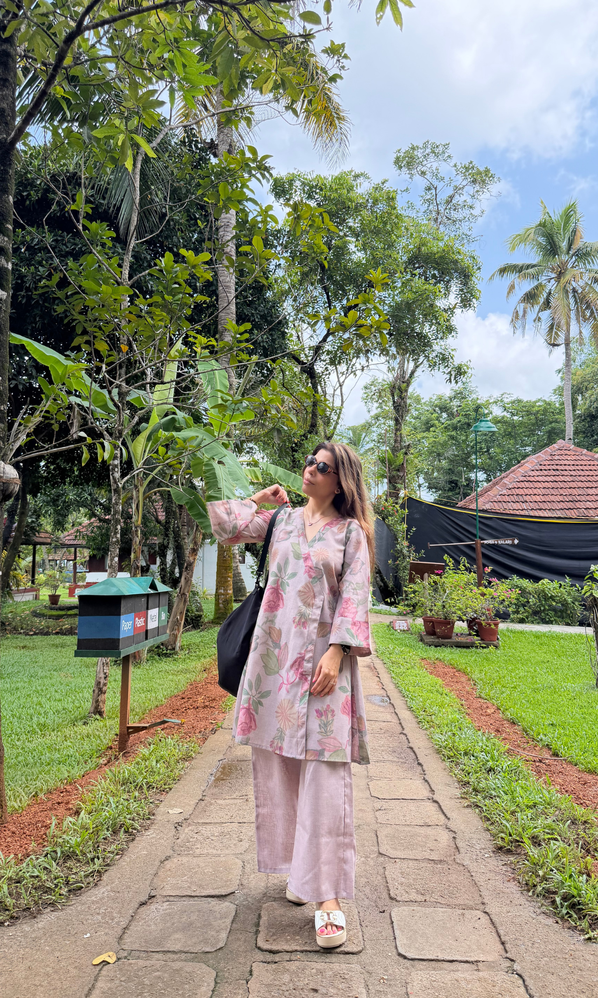 Dusty Pink Bloom Linen Blend Kimono Kurta with Linen Pants
