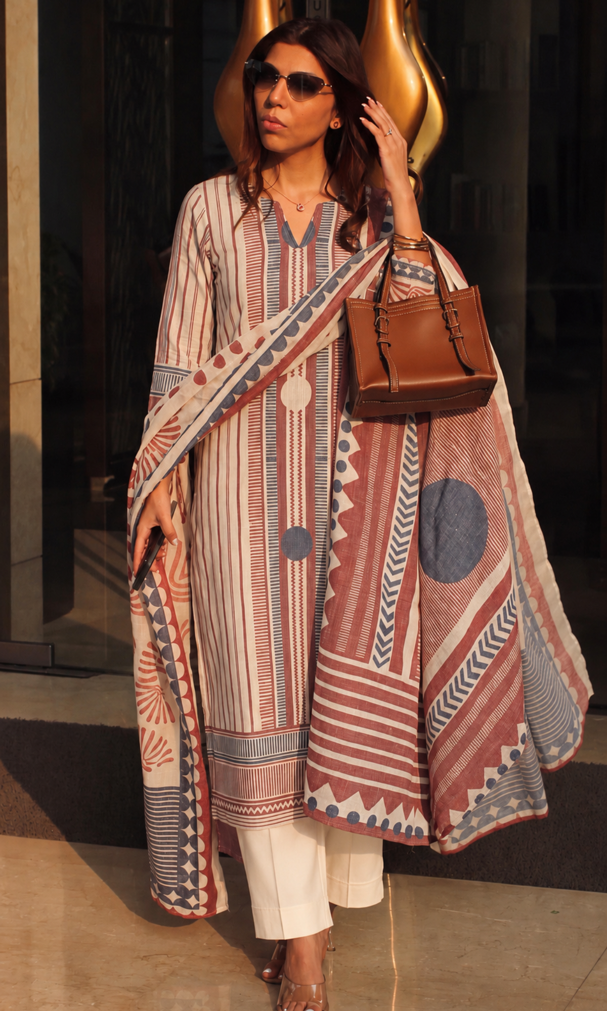 Linen Blend Beige & Red Striped Print Kurta ,Dupatta with Cotton Pants