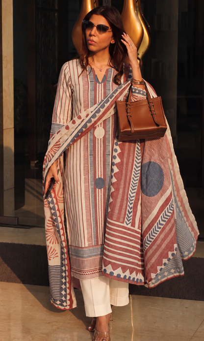 Linen Blend Beige & Red Striped Print Kurta ,Dupatta with Cotton Pants