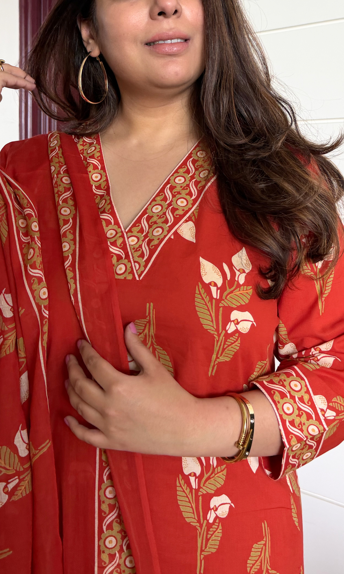 Tomato Petal Print Kurta, Mul Dupatta & Cotton Pants