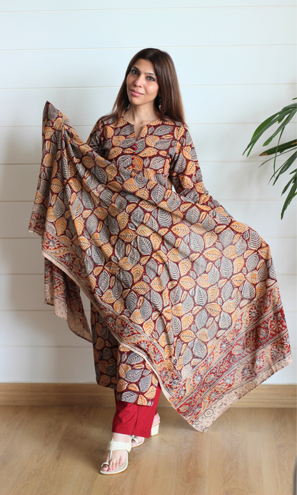 Deep Red Handblock Kalamkari Leaf Print Kurta, Dupatta & Cotton Pants