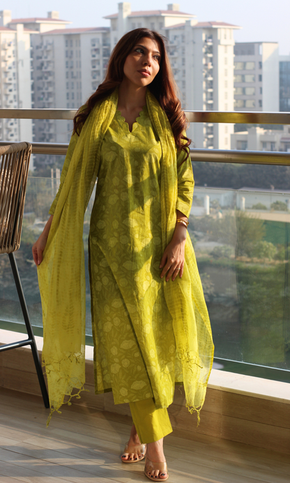 Lemon Olive Dabu Texture Cotton Kurta, Pant & Kota Doria Shibori Dupatta