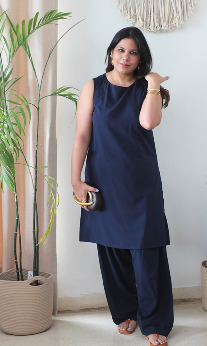 Deep Blue Glossy Boat Neck Kurta with Farshi Salwaar