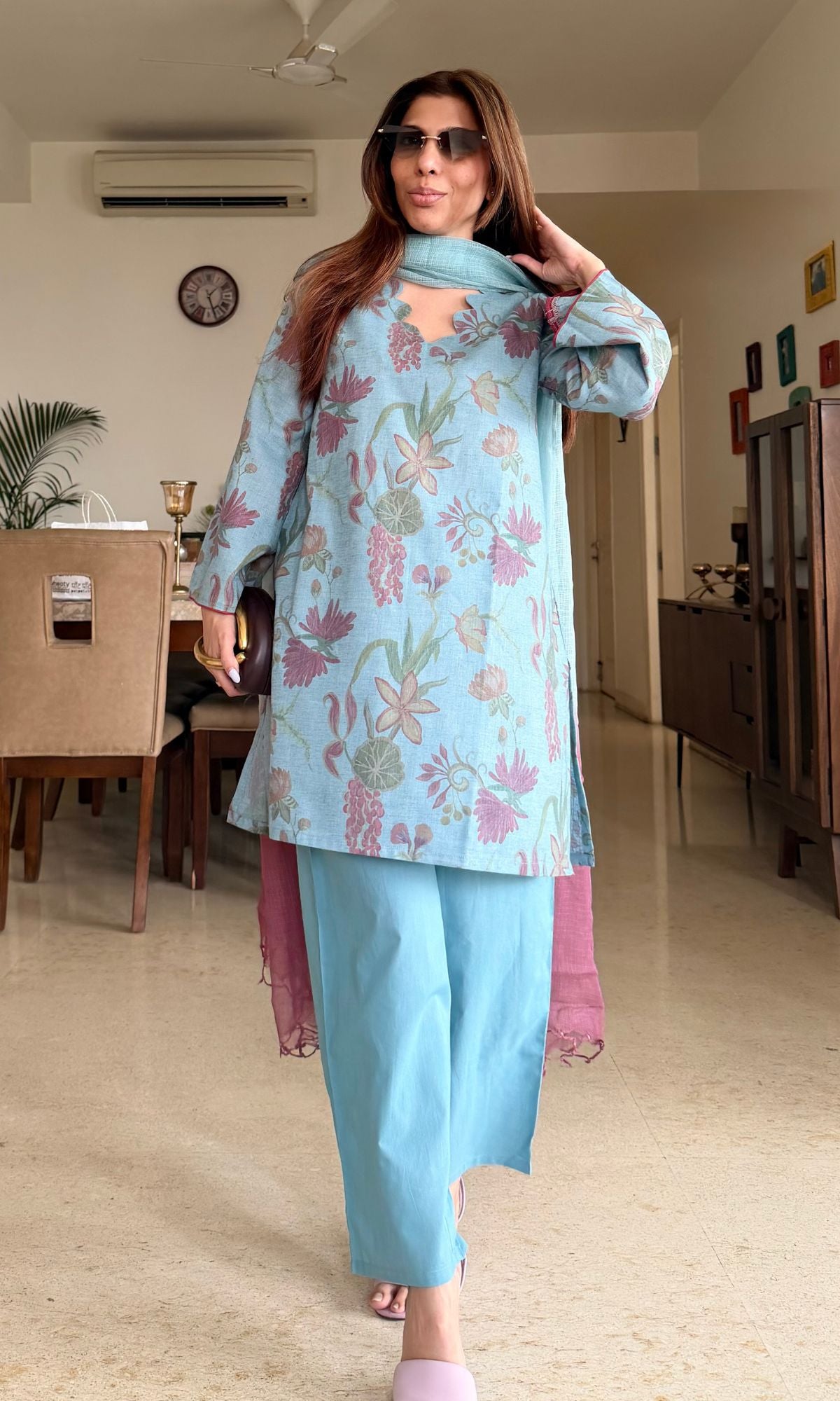 Bluebell Bloom Linen Blend Kurta, Cotton Pants & Kota doria Ombré Dupatta