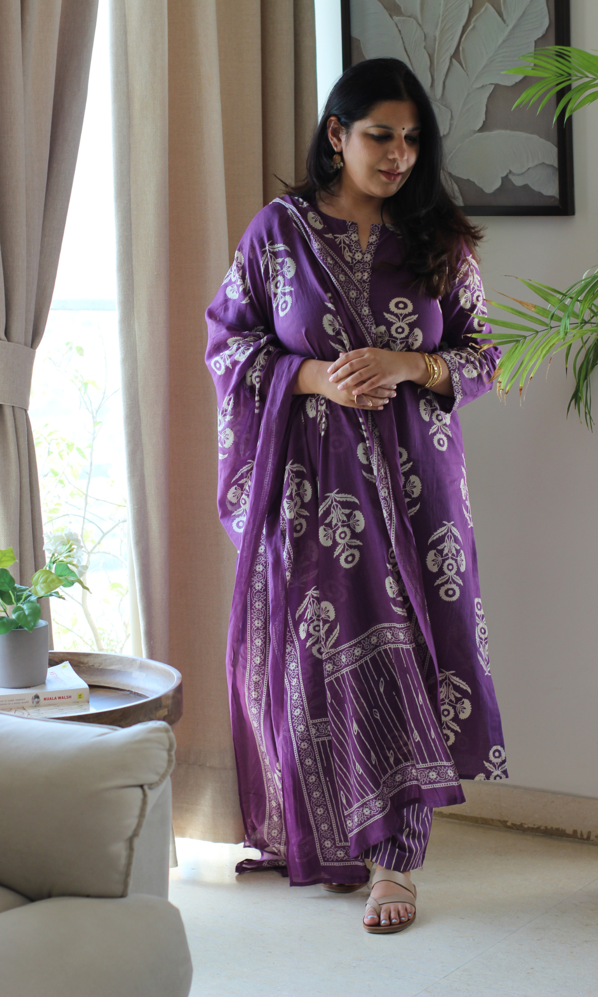 Iris Purple Cotton Mughal Boota Kurta, Dupatta with Printed Pants