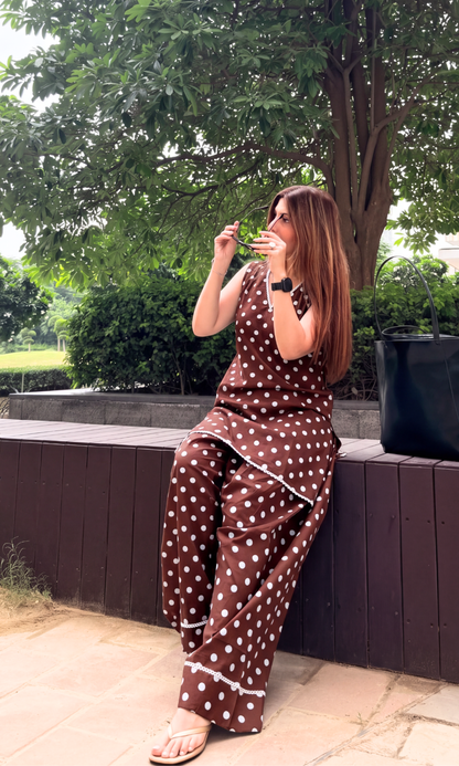 Brown Polka Print Kurta & Farshi Salwaar