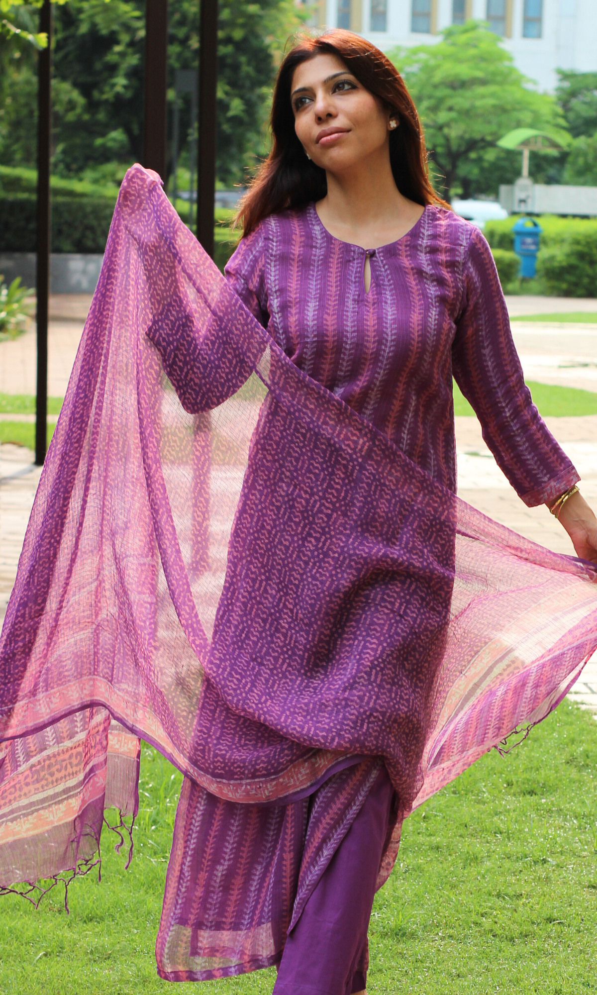 Kota Doria Plum Handblock Print Kurta, Dupatta with Cotton Pants