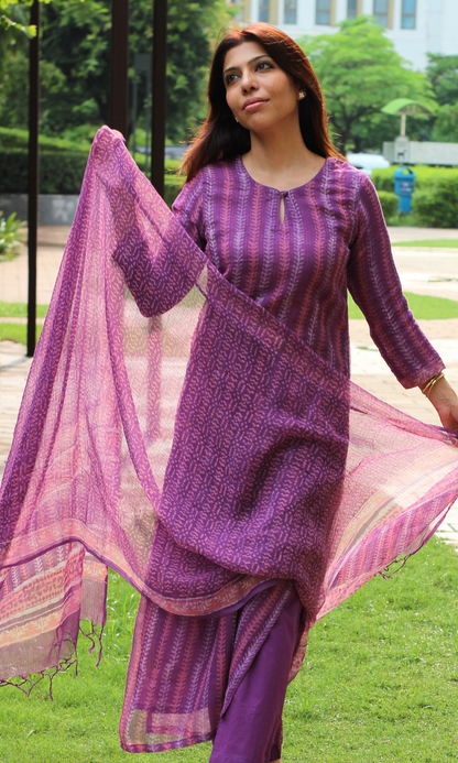 Kota Doria Plum Handblock Print Kurta, Dupatta with Cotton Pants