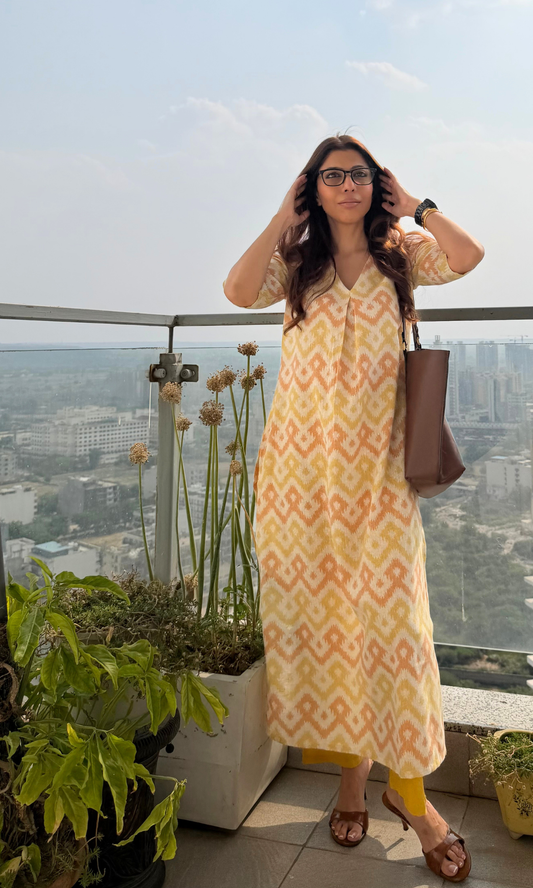 Summer Yellow Ikat Print Linen Blend Kurta & Cotton Pants