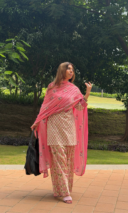 Meera Pink Floral Kurta, Farshi Salwaar & Cotton Printed Dupatta