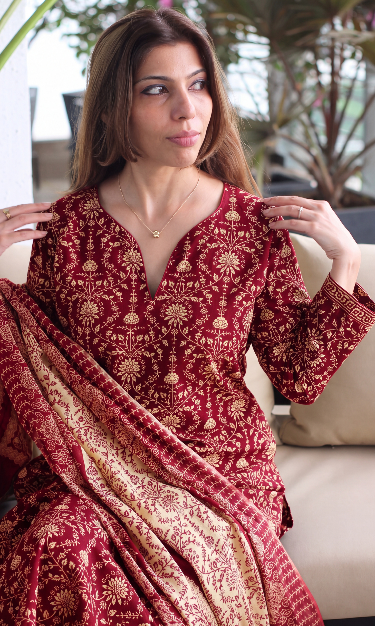Deep Red Cotton Jal Print Kurta, Afghani pant & Cotton Printed Dupatta