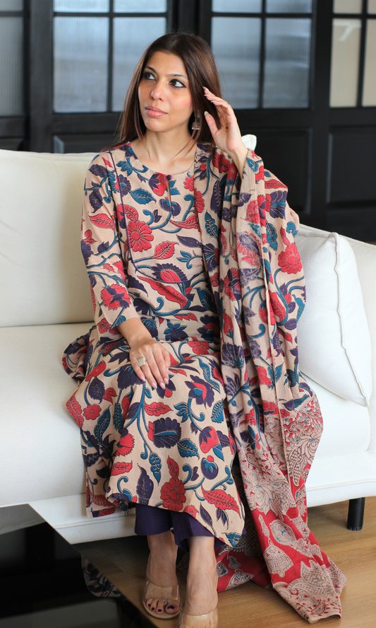 Earthy Purple Handblock Kalamkari Kurta, Dupatta & Cotton Pants