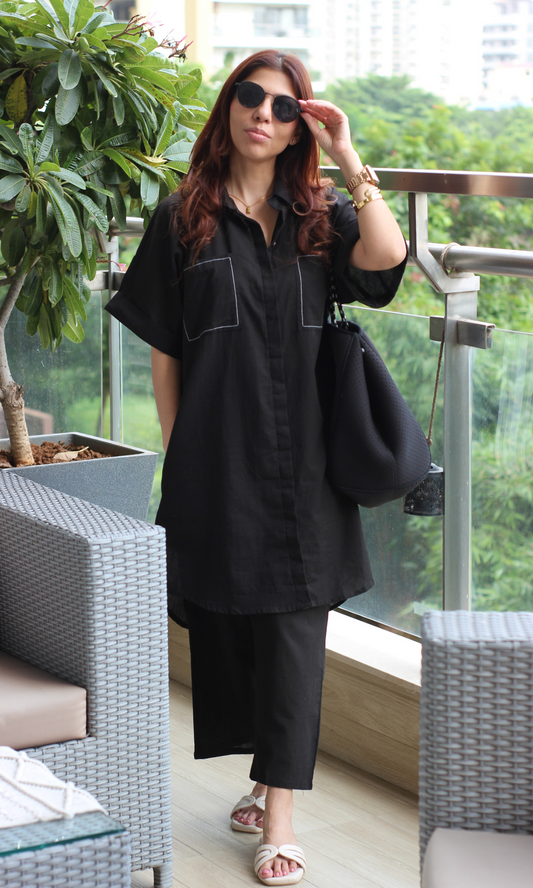 Black Contrast Thread Shirt Style Cotton Flex Co-ord