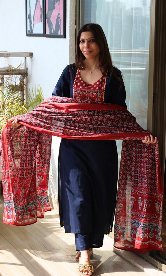 Cotton Blue Ajrakh Motif Neck Kurta, Pant with Printed Dupatta