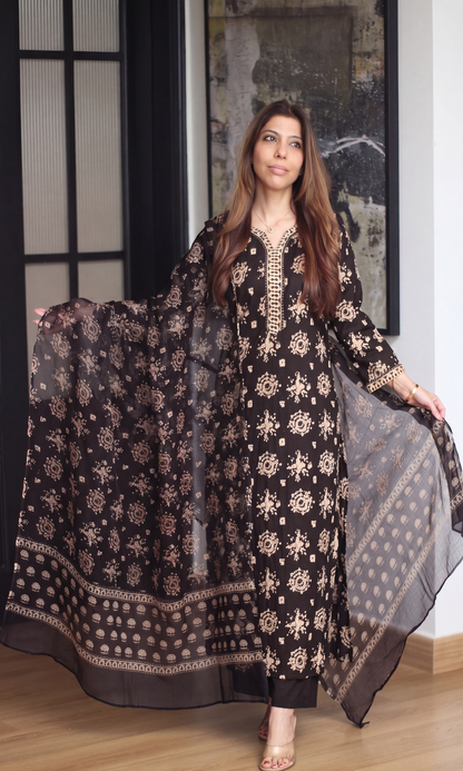 Dark Brown Bagru Block Print Kurta, Pant & Kota Doria Printed Dupatta