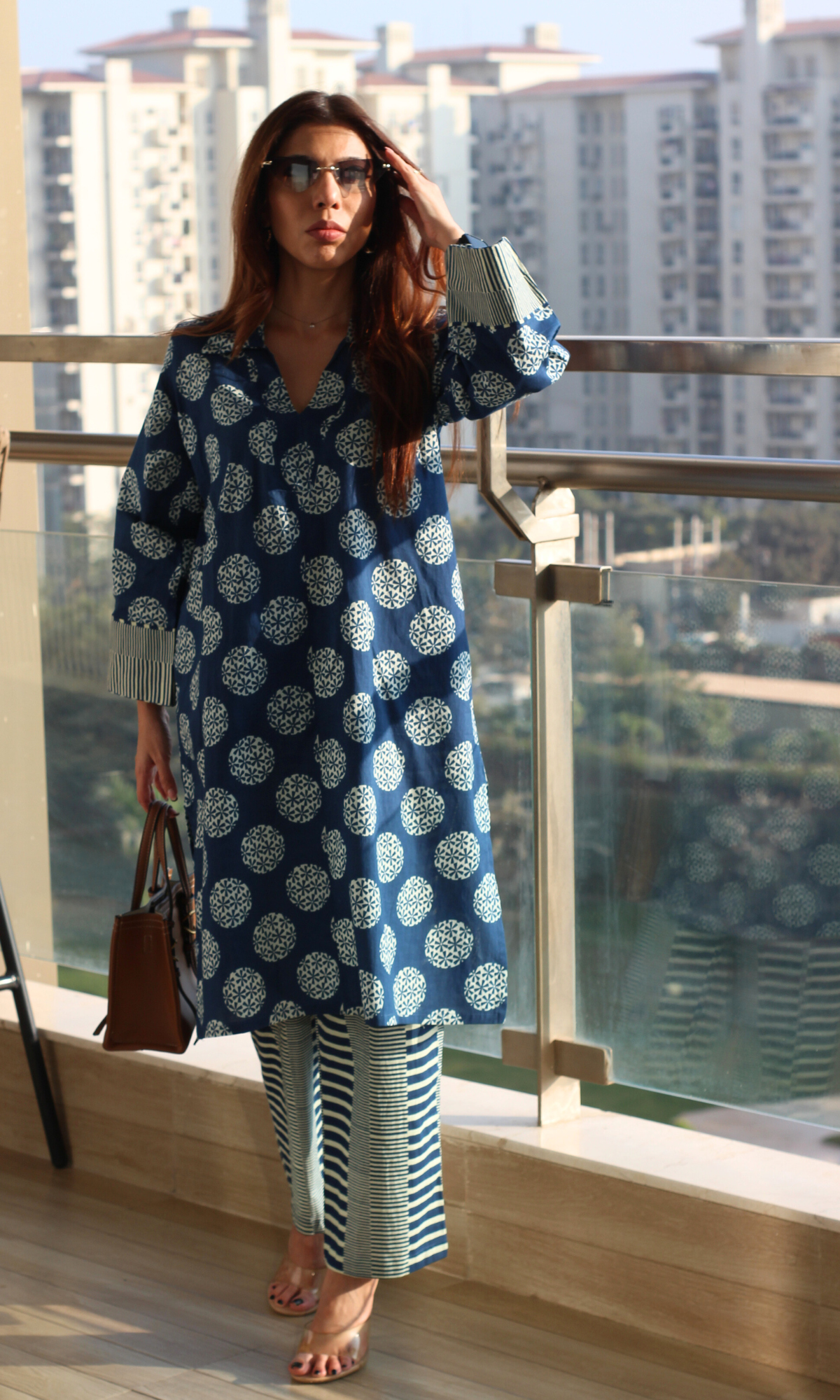 Cotton Indigo Matrix Printed Collared Anti-Fit Kurta & Pant