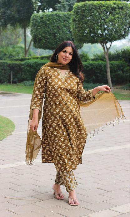 Cotton Earthy Brown Block Printed Suit Set with Kota Doria Dupatta