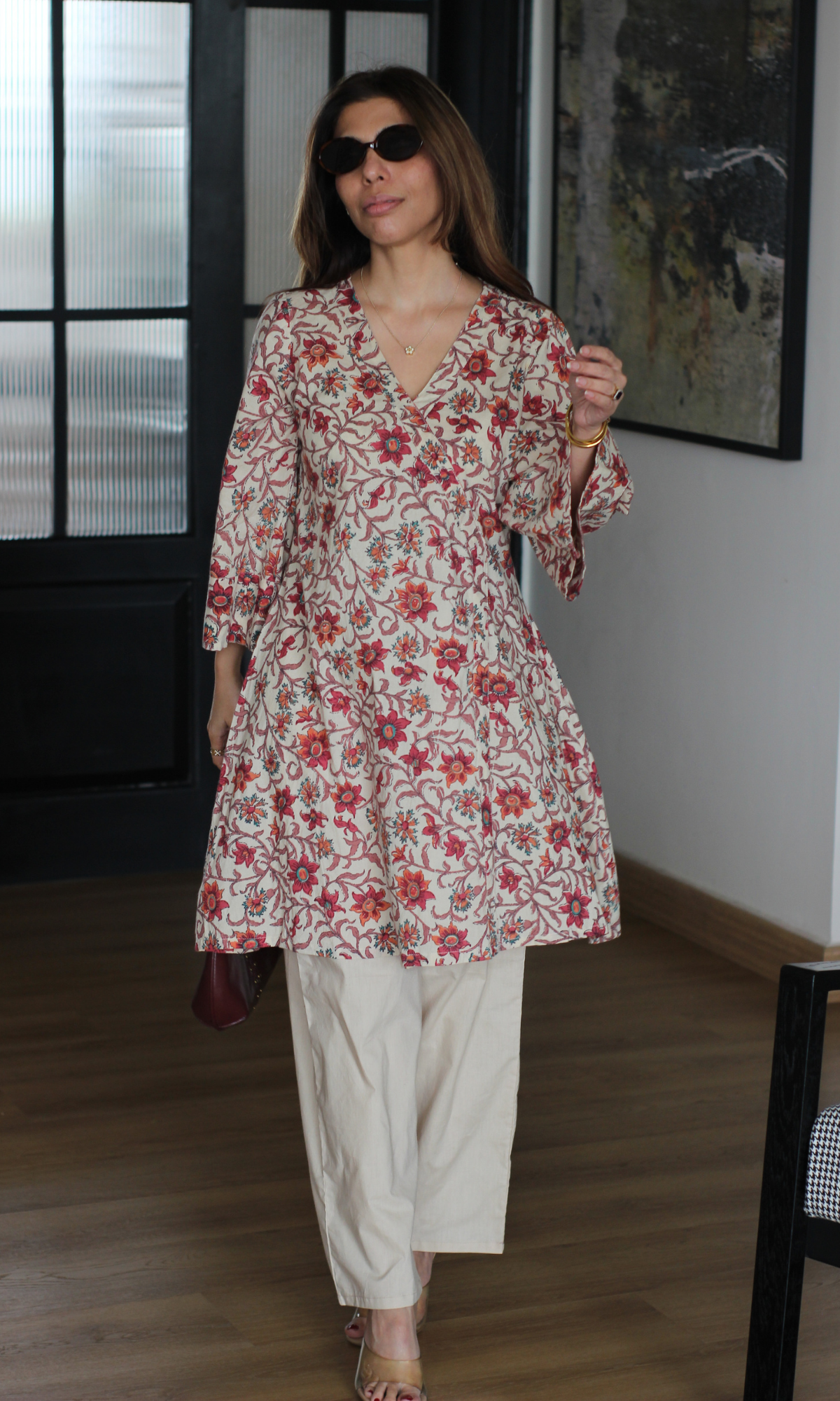 Sia Red Handblock Print Kimono Kurta with Cotton Pants