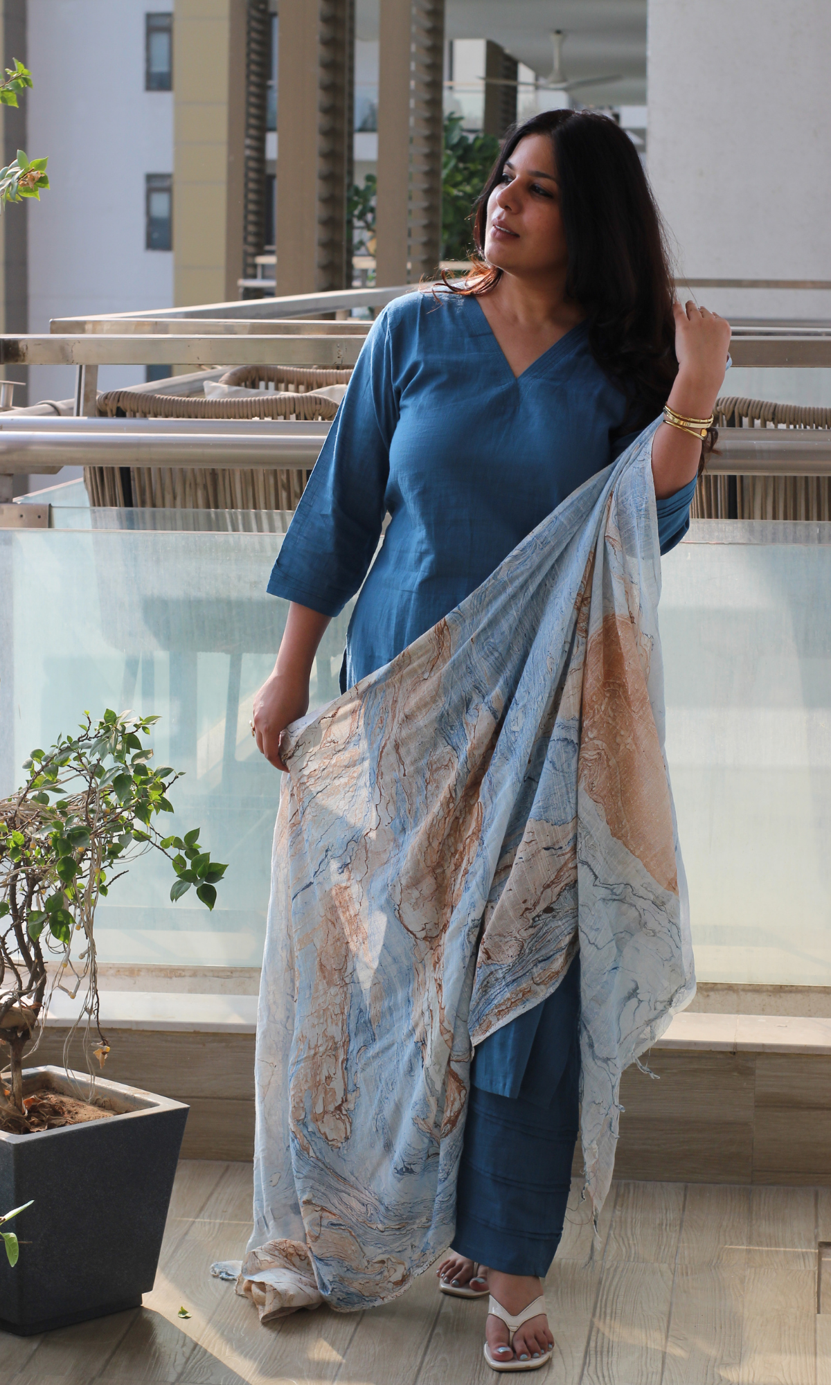 Cotton Slub Lagoon Blue Suit With Slub Mirage Dupatta