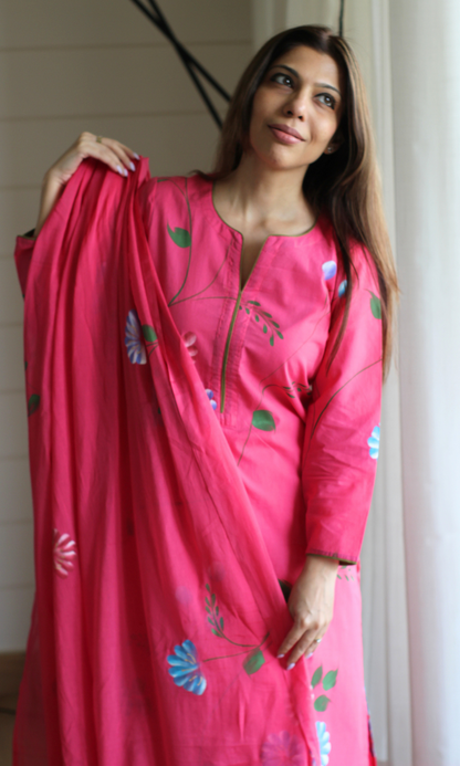 Cotton Magenta & Blue Handbrush Painted Kurta , Dupatta & Pants