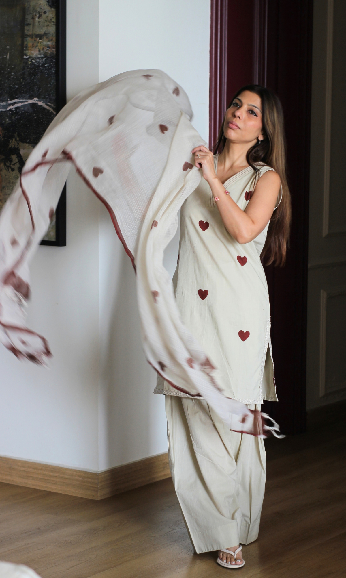 Red Hearts Hand Pianted Cotton Kurta, Farshi Salwaar & Kota Handpainted Duptaa