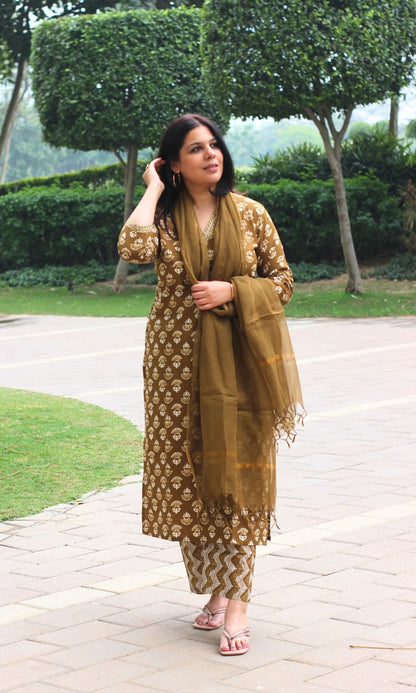 Cotton Earthy Brown Block Printed Suit Set with Kota Doria Dupatta