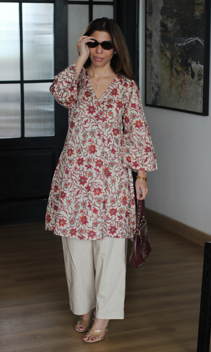 Sia Red Handblock Print Kimono Kurta with Cotton Pants