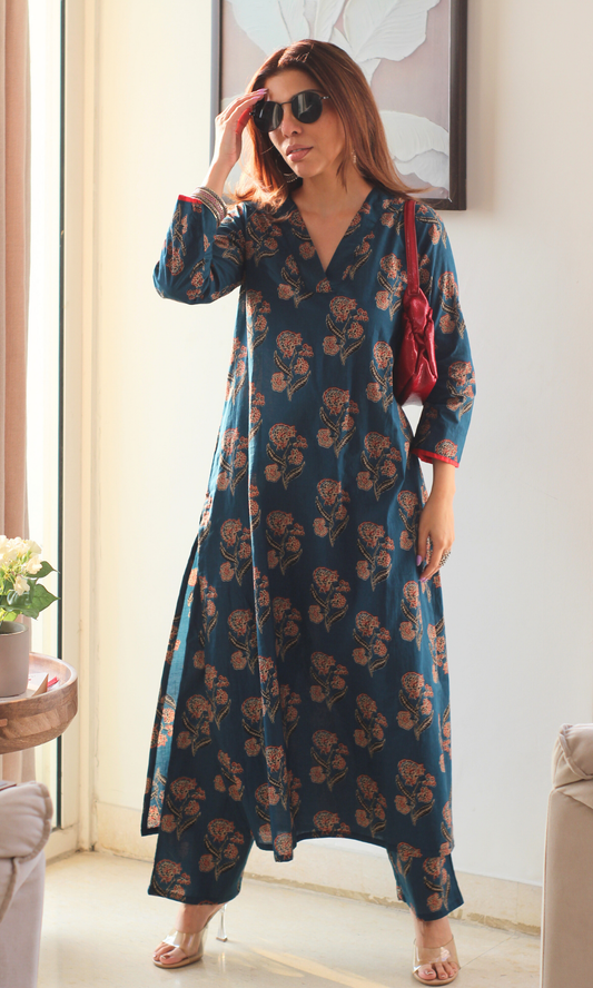 Cotton Teal & Red Boota Kurta & Pants