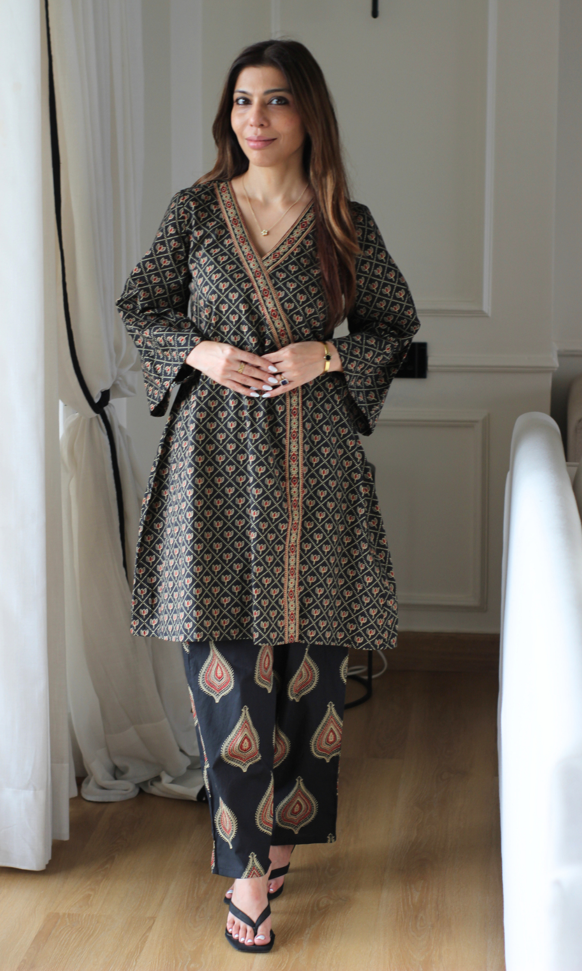 Black Ajrakh Booti Kimono Kurta with Pants