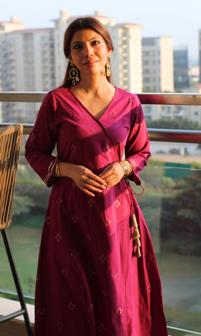 Mulberry Embroidered Cotton Angrakha Kurta & Pants