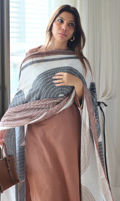 Coffee slub Kurta , Pants & Linen Blend Printed Dupatta
