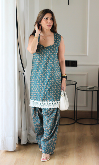 Teal Ajrakh Booti Print Sleeveless Kurta with Farshi Salwaar