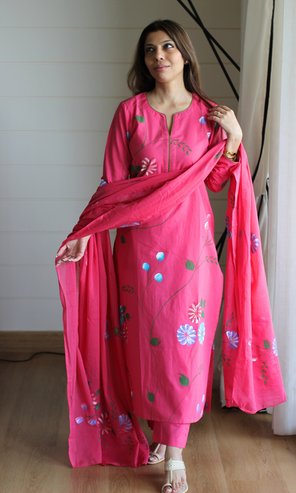 Cotton Magenta & Blue Handbrush Painted Kurta , Dupatta & Pants